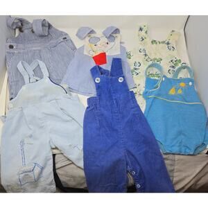Vintage Boys 12 Month Overalls Jumper Lot of 6 Blue Trains Dogs Shorts Pants